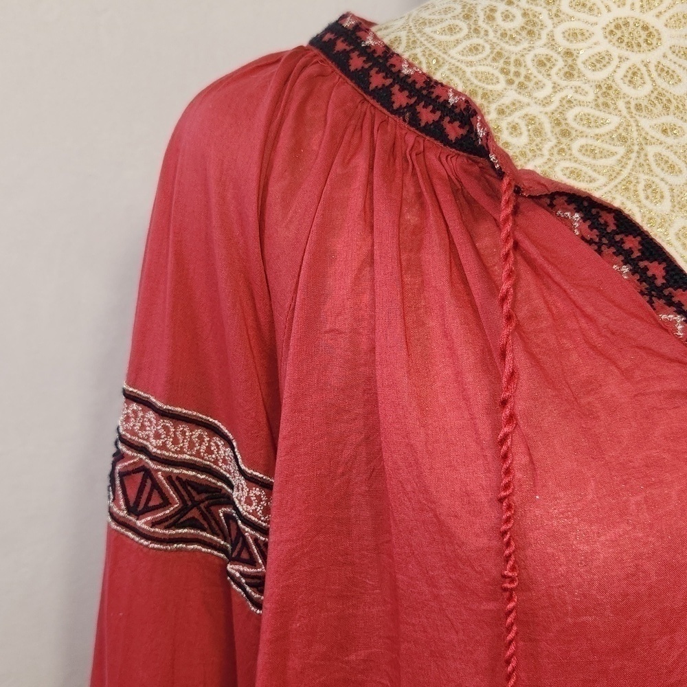 Alicia Pageboy M Red Aztec/Tribal Embroidered V-Neck Tassle Tie Front Boho Top - Picture 5 of 14
